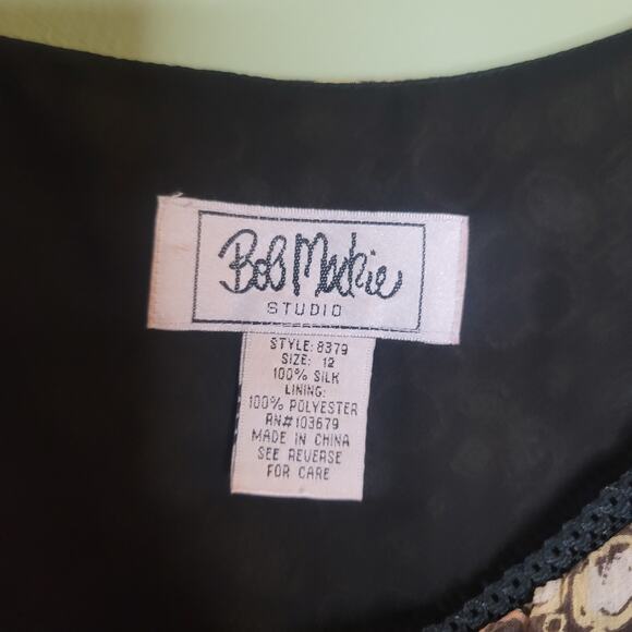 Vintage Bob Mackie Silk Dress Size 12 Brown Sleeveless Sequins Geo Art Print Bow - Picture 3 of 8